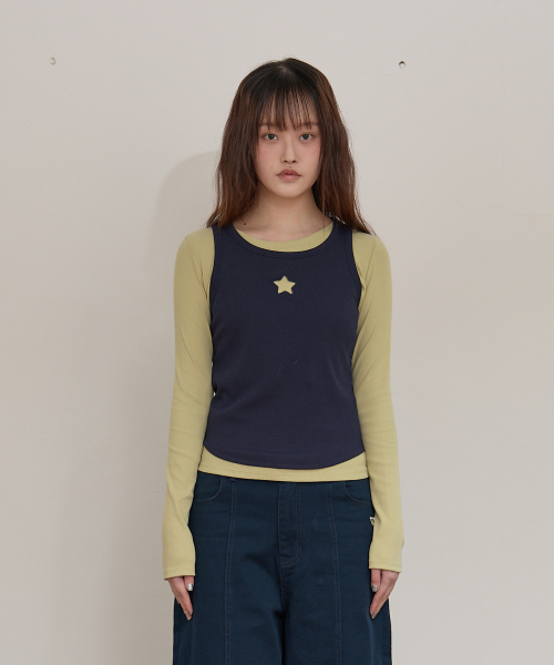 Star Cut Out Top SET Layered T-shirt SAGE GREEN