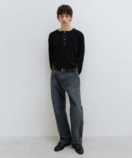 Waffle Henley Neck Long Sleeve BLACK
