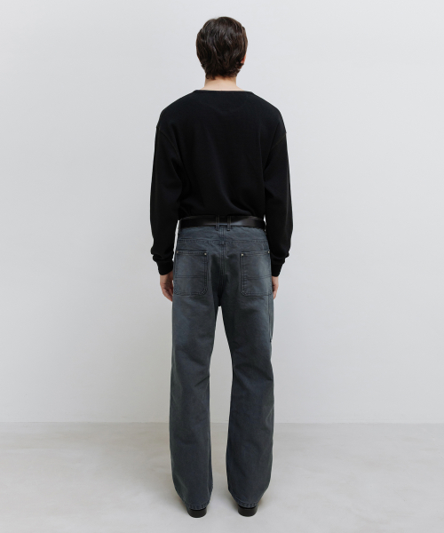 Waffle Henley Neck Long Sleeve BLACK