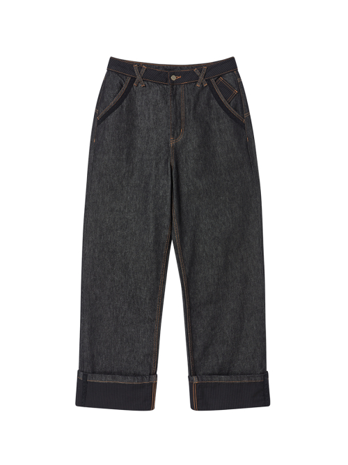 LACE ROLL UP DENIM PANTS BLACK