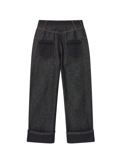 LACE ROLL UP DENIM PANTS BLACK
