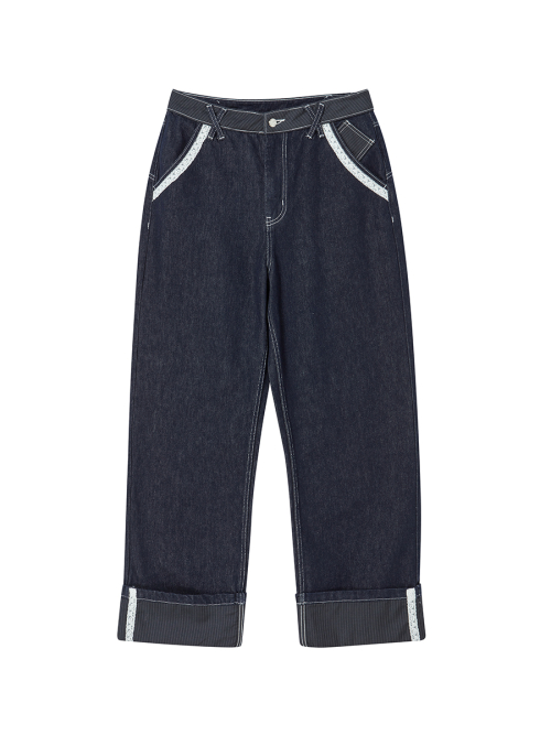 LACE ROLL UP DENIM PANTS BLUE
