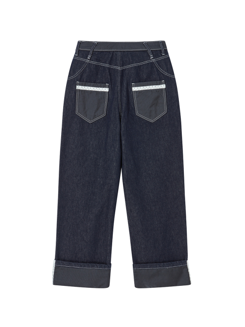 LACE ROLL UP DENIM PANTS BLUE