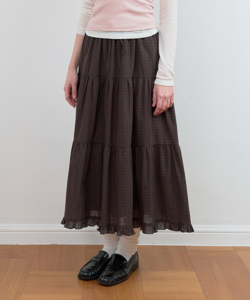 CHECK TIERED LONG SKIRT BROWN