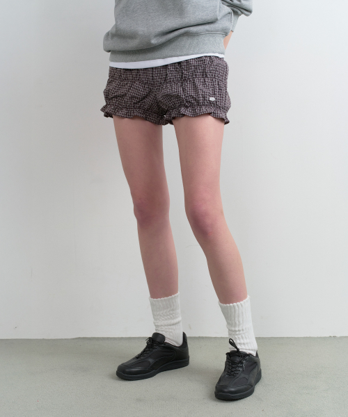 CHECK SHIRRING SHORT PANTS DEEP BROWN