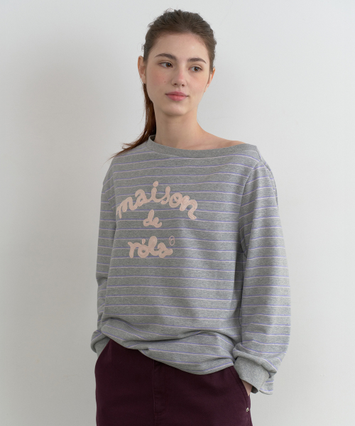MAISON DE ROLA EMBROIDERY OFF SHOULDER STRIPE SWEATSHIRT GRAY
