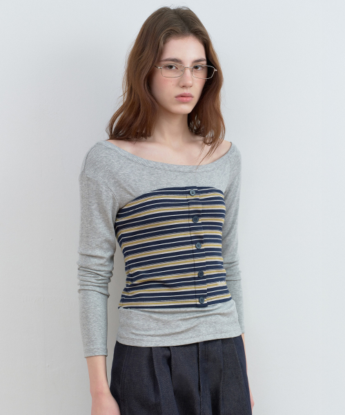 STRIPE BUTTON BUSTIER LAYERED LONG SLEEVE GY+NV