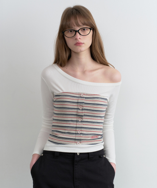 STRIPE BUTTON BUSTIER LAYERED LONG SLEEVE WH+GY