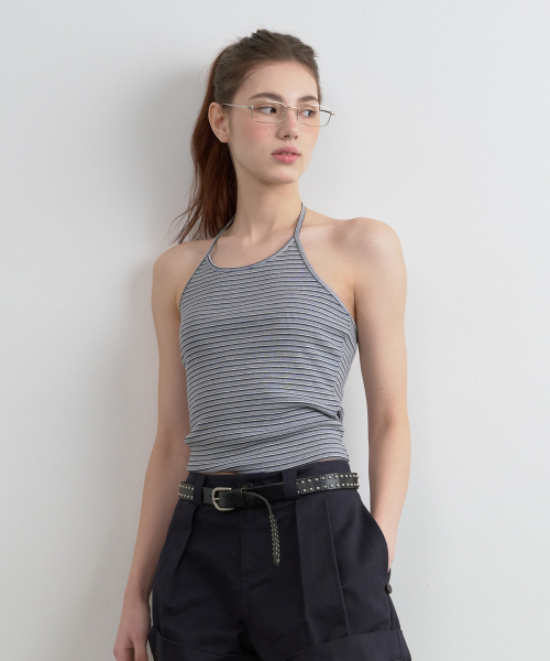 STRIPE HALTER NECK TOP GRAY