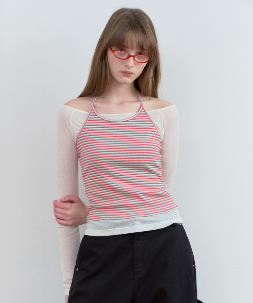 STRIPE HALTER NECK TOP RED