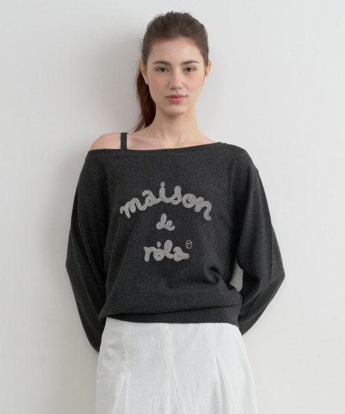 MAISON DE ROLA EMBROIDERY OFF SHOULDER KNIT CHARCOAL