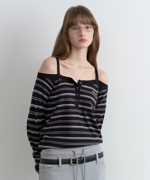 STRIPE OFF SHOULDER STRAP KNIT BLACK