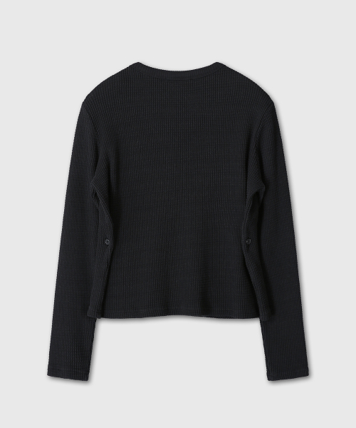 WAIST BUTTON DETAIL WAFFLE HENLEY NECK (BLACK)