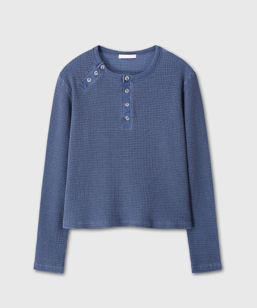 WAIST BUTTON DETAIL WAFFLE HENLEY NECK (BLUE)