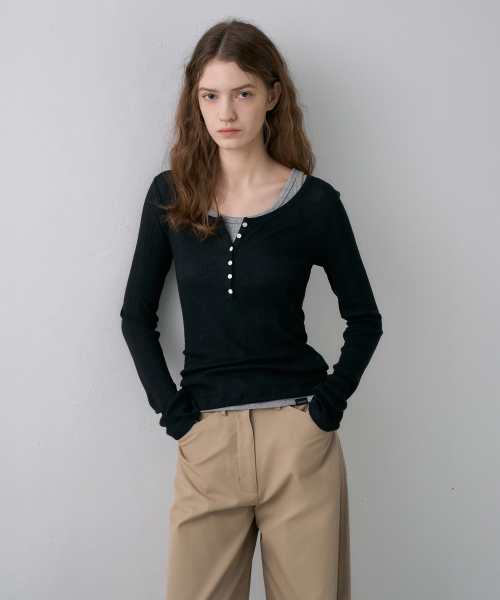 Button U-Neck T-Shirt[LMBFSPTT613]-4color