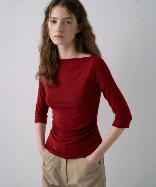 Shirring Boat-Neck T-Shirt[LMBFSPTT614]-4color