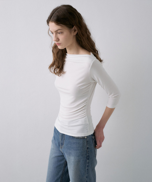 Shirring Boat-Neck T-Shirt[LMBFSPTT614]-4color