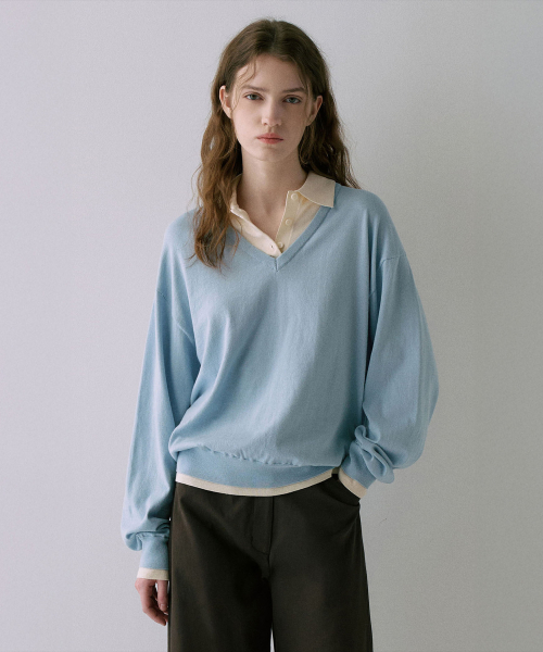 V-Neck Collar Layered Knit[LMBFSPKN304]-3color