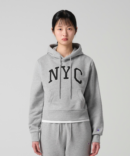 여성 NYC 크롭 후드 티셔츠 Grey