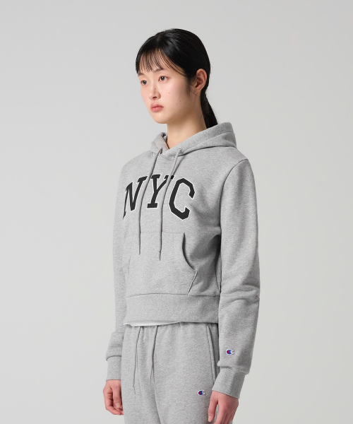 여성 NYC 크롭 후드 티셔츠 Grey