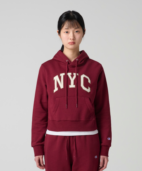 여성 NYC 크롭 후드 티셔츠 Burgundy