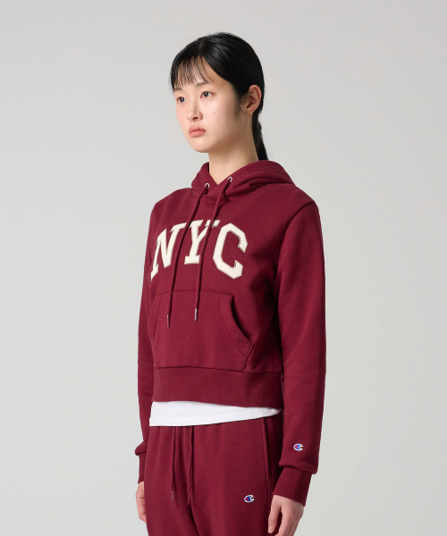 여성 NYC 크롭 후드 티셔츠 Burgundy