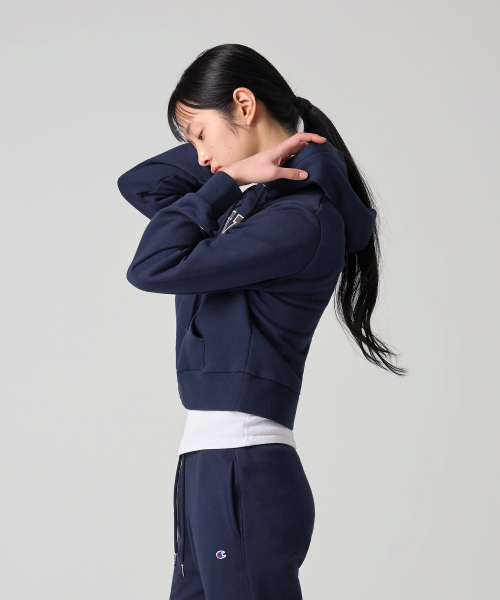 여성 NYC 크롭 후드 티셔츠 Navy