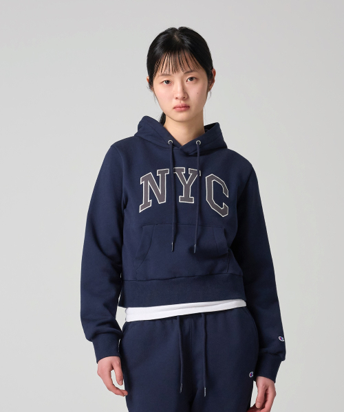 여성 NYC 크롭 후드 티셔츠 Navy