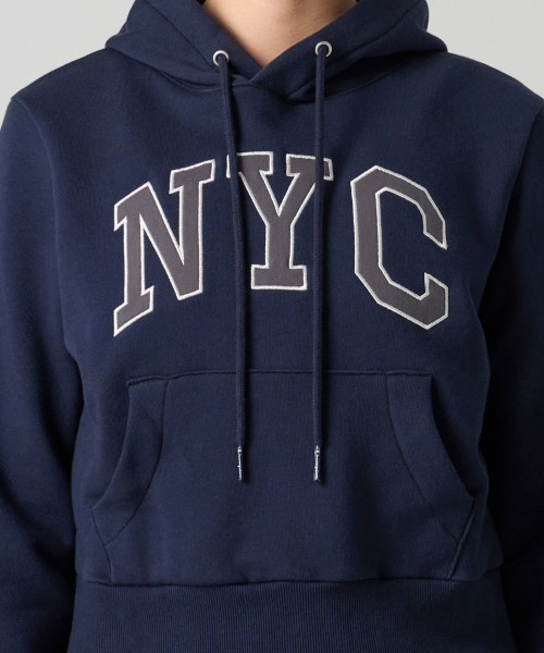 여성 NYC 크롭 후드 티셔츠 Navy