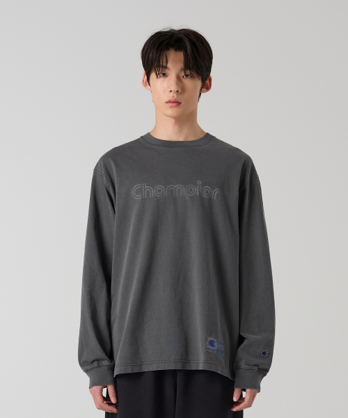 트랙 로고 루즈핏 가먼트다잉 롱슬리브 티셔츠 Charcoal