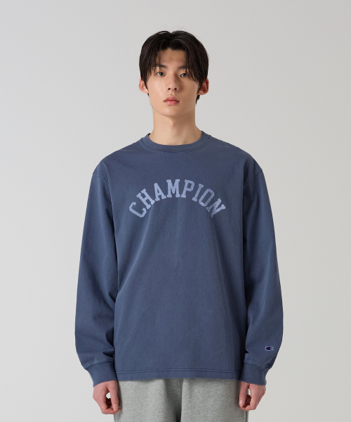 아치 로고 루즈핏 가먼트다잉 롱슬리브 티셔츠 Blue