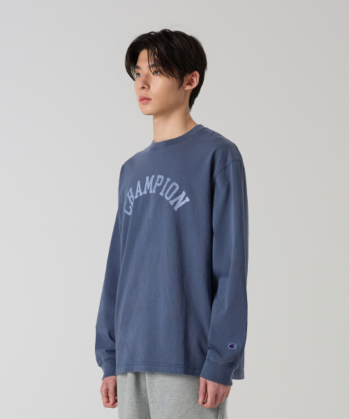 아치 로고 루즈핏 가먼트다잉 롱슬리브 티셔츠 Blue