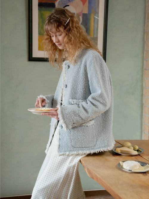No-Collar Fringe Tweed Jacket MU2611JK101M