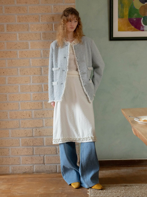 No-Collar Fringe Tweed Jacket MU2611JK101M