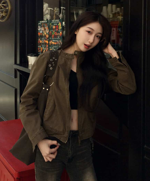빈티지 샌드 인시전 코튼 워싱 싱글 카라 세미 피티드 라이더 자켓 [브라운]