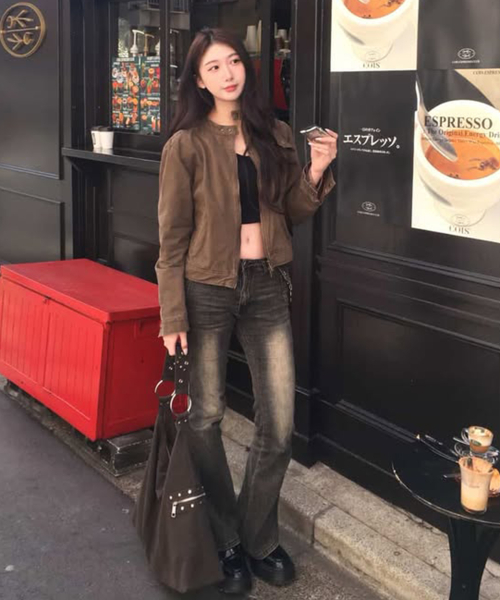빈티지 샌드 인시전 코튼 워싱 싱글 카라 세미 피티드 라이더 자켓 [브라운]