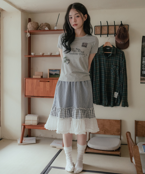 믹스 체크 티어드 미디스커트