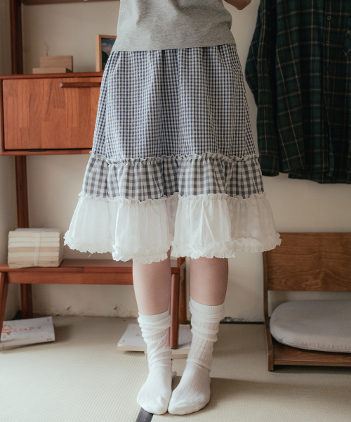 믹스 체크 티어드 미디스커트