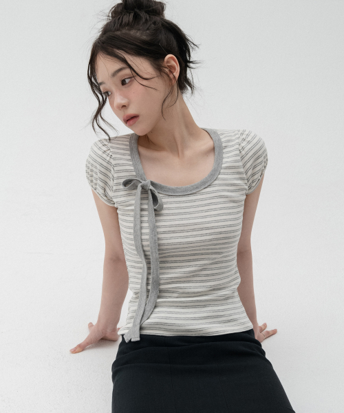 스트라이프 리본 퍼프소매 숏슬리브_메란지그레이