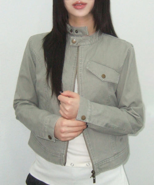 빈티지 샌드 인시전 코튼 워싱 싱글 카라 세미 피티드 라이더 자켓 [그레이]