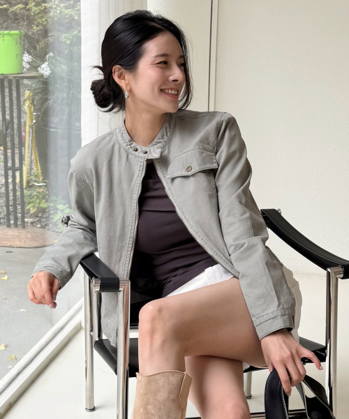 빈티지 샌드 인시전 코튼 워싱 싱글 카라 세미 피티드 라이더 자켓 [그레이]