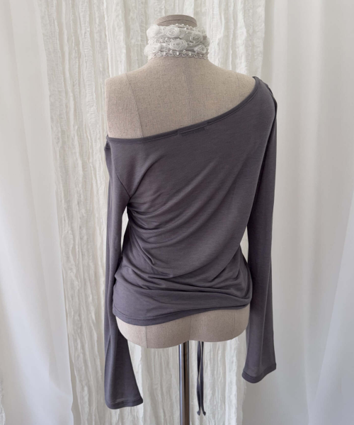 One-shoulder Side Shirring Tie Long Sleeves (GRAY)