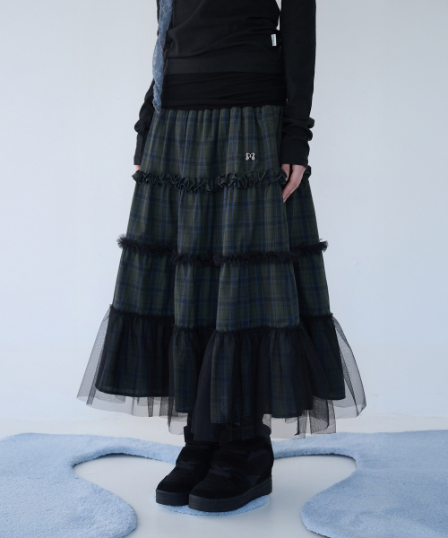 FOLDED CHECK FRILL MESH SK KHAKI