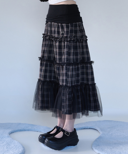 FOLDED CHECK FRILL MESH SK BLACK