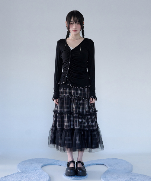 FOLDED CHECK FRILL MESH SK BLACK