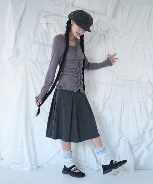 ASYMMETRIC SHIRRING LACE CARDIGAN SMOKE PURPLE