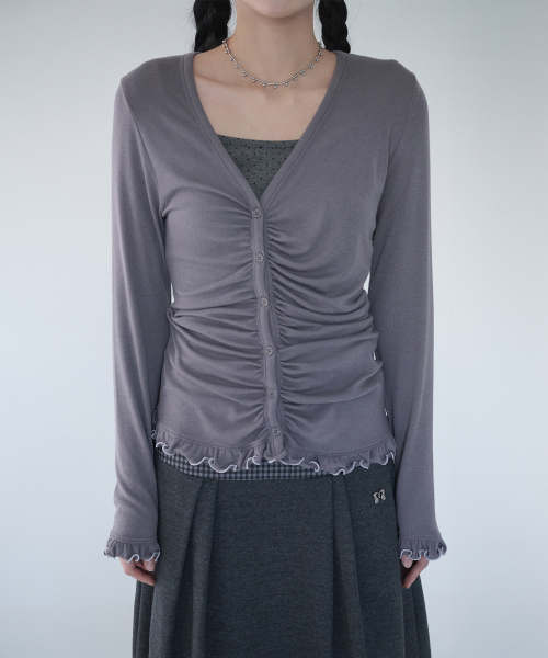 ASYMMETRIC SHIRRING LACE CARDIGAN SMOKE PURPLE