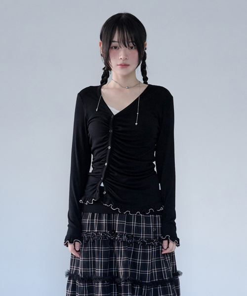 ASYMMETRIC SHIRRING LACE CARDIGAN BLACK