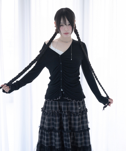 ASYMMETRIC SHIRRING LACE CARDIGAN BLACK