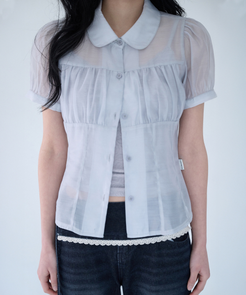SHIRRING SHEER BLOUSE MISTY BLUE